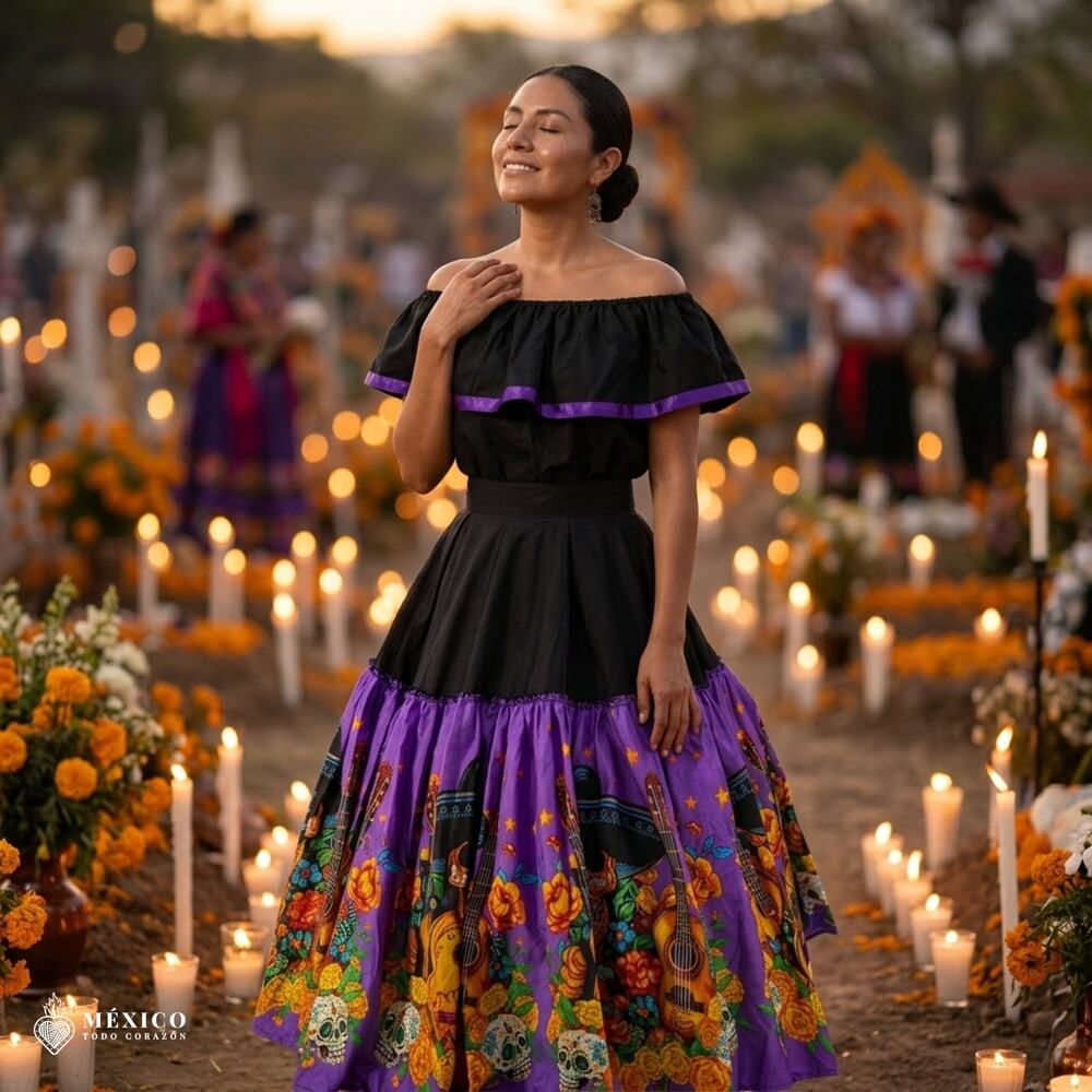 Mexican Dress Set Single Circle Skirt - Day Of The Dead & Noche De Muertos
